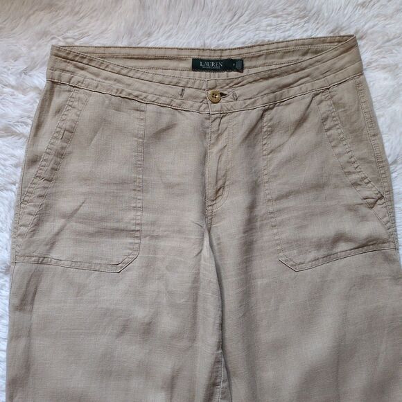 LRL Ralph Lauren 100% Linen Wide Leg Pants Beige Tan Casual Preppy Womens 8 - Picture 3 of 13